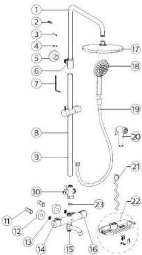 Labeled diagram of a shower shower system with numbered components for identification