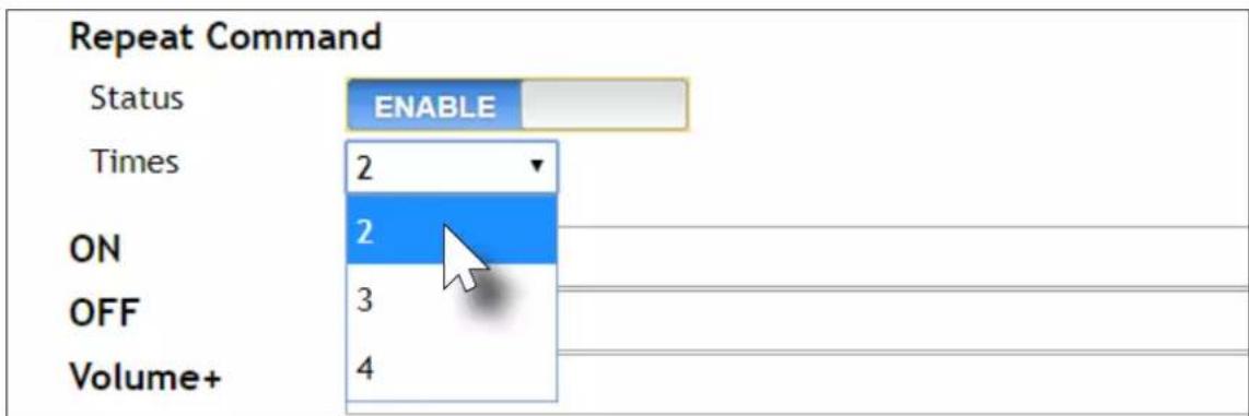 Repeat Command Status ENABLE Times 2 ON 2 OFF 3 Volume+ 4
