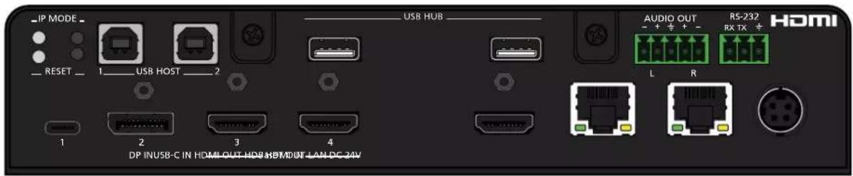 IP MODE RESET 1___USB HOST___2 1 2 3 4 USB HUB AUDIO OUT R5-232 RX TX HDMI L R DP INUSB-C IN HOMEOUT-HDB HBMOUT-LANDC 24V