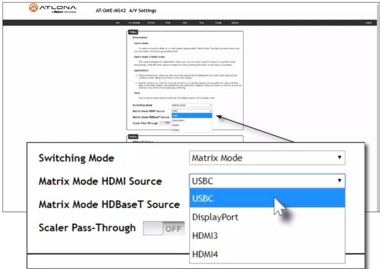 ATLONA a Planet company AT-OME-MS42 A/V Settings Web AV Settings IIS-202 2038 USB Tools Config System Video Information Matrix Mode: To make any input to either of, or both outputs please select "Matrix Mode" from the drop-down below and this will make switching using switched offs. Matrix Mode w/static route: This mode is designed for application: where user wants to make a specific source to a specific output per successfully, while the other output is enabled for auto switching (the static created input is excluded). Applications: A. Video Confinancing, where you want any of the sources to be finding into the cube have input and the confirmed color output to be shown on the main display. B. Specific source, e.g., local PC to always be shown on a specific display and isolated from auto-shifting tags on the inner output. This means that you could have 2 displays where and source is local PC always and another is any of the mixed outputs made surfacing. Note: Once a matrix switch option is switched, the display control will no longer work. Switching Mode Matrix Mode Matrix Mode HDMI Source: USBC Matrix Mode HDBaseT Source: USBC Scaler Pass-Through DisplayPort HDM13 HDM14 Audio HDBaseT Output Switching Mode Matrix Mode Matrix Mode HDMI Source Matrix Mode HDBaseT Source Scaler Pass-Through OFF USBC USBC DisplayPort HDMI3 HDMI4