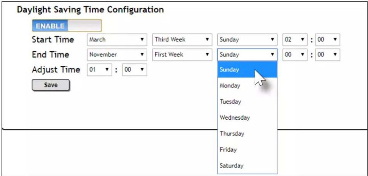 Daylight Saving Time Configuration ENABLE Start Time March Third Week Sunday 02 : 00 End Time November First Week Sunday 00 : 00 Adjust Time 01 : 00 Save Monday Tuesday Wednesday Thursday Friday Saturday