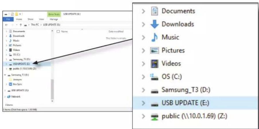 Screenshot of a file explorer window showing USB UPDATE files with a context menu open, highlighting 'Music' and 'Pictures'.