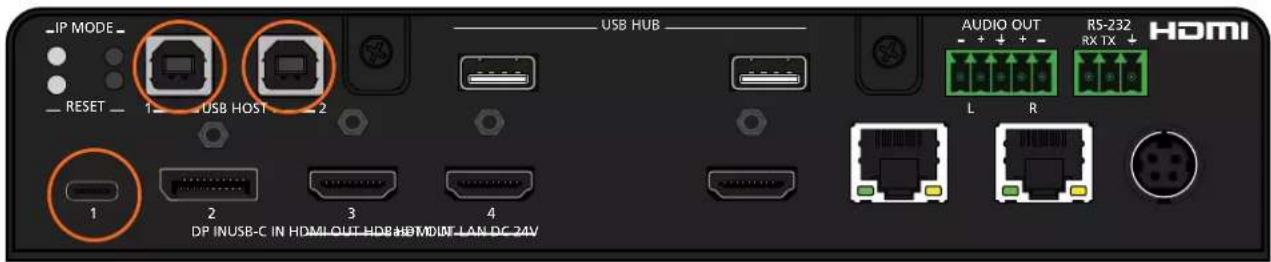 IP MODE RESET 1 USB HOST 2 USB HUB AUDIO OUT RS-232 RX TX HDMI L R 1 2 3 4 DP INUSB-C IN HDMI OUT HDB HDMIN LAN DC 24V