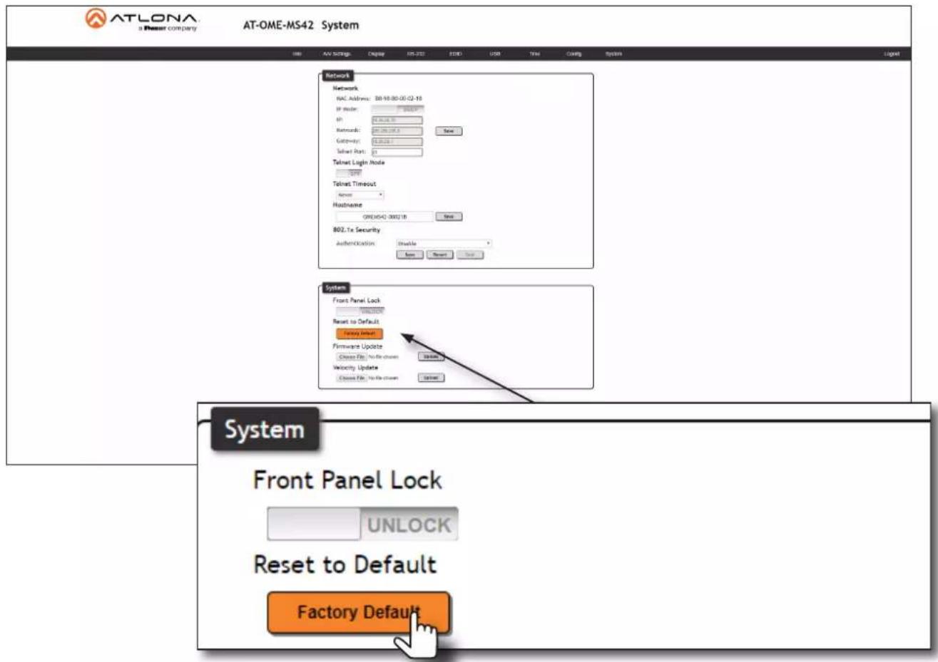 ATLONA AS Rainer Company AT-OME-MS42 System IMF ACV Settings Display ISS-202 E13D USER Time Config System Network Network: MAC Address: 88-98-00-01-Q2-16 IP Mode: 10000000000000000000000000000000000000000000000000000000000000000000 IP Networks: 88-98-00-16.5 Gateway: 88-98-01-16.5 Tailnet Port: 88 Tailnet Login Node 1666 Tailnet Timeout Server Hostname QMEHSAQ-2002.1B Server 802.1c Security Authentication: Enable Save Reset Cancel System Front Panel Lock Reset to Default Sendy Reset Firmware Update Choose File: No file chosen Storage Velocity Update Choose File: No file chosen Storage System Front Panel Lock UNLOCK Reset to Default Factory Default