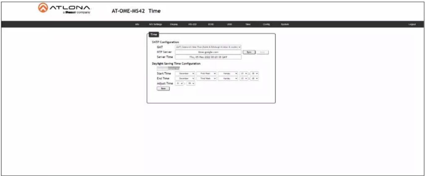 ATLONA a Result company AT-OME-MS42 Time Time SNTP Configuration GHT GHT: Greenwich Time, Time (Sales & Edinburgh & London & London) HTTP Server: Stone.google.com Server Time: This, 09 May 2022 00:20:38 GMT Daylight Saving Time Configuration: Start Time: December First Week Friday 01:00 End Time: December Third Week Friday 01:00 Adjust Time: 01:00 None