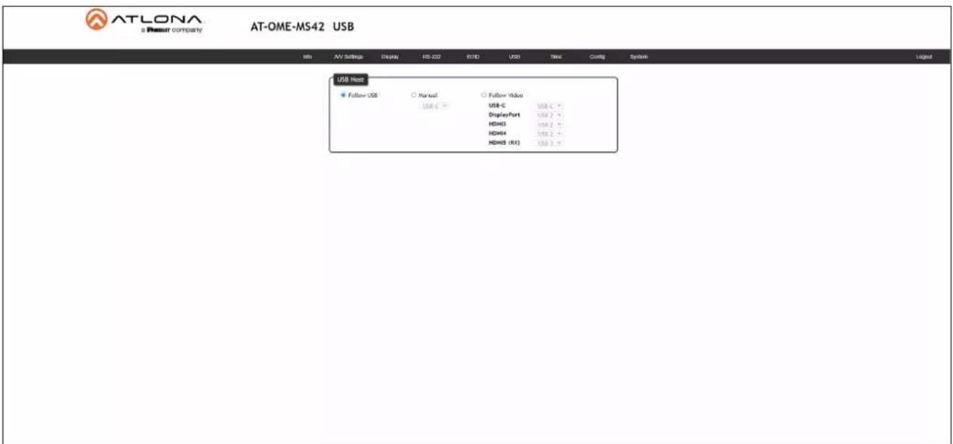 ATLONA a Resort company AT-OME-MS42 USB USB Host ● Follow USB ○ Manual ○ Follow Video USB C - USB C - DisplayPort USB 2 - HD43 USB 2 - HD44 USB 2 - HD45 (K) USB 2 -