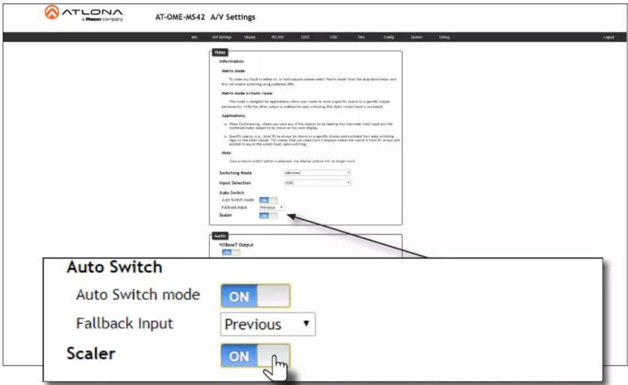 ATLONA a Reason company AT-OME-MS42 A/V Settings Video: Information Matrix Mode: To make any liquid to either it, or both outputs please select "Matrix Mode" from the drop down below and then will enable switching using published AI. Matrix Mode w/static mode: This mode is designed for applications where user marks to make a specific source to a specific output permanently, while the other output is enabled for auto switching (the static output is unloaded). Applications: a. Video Conferencing, where you want any of the sources to be leading into the control input and the combined order output to be shown on the main display b. Specific source, e.g., local PC to always be shown on a specific display and excluded from auto switching, together in the other output. This indicates that you could have 2 downloads where one source is local PC always and another in any of the window level, auto switching. Note: Since a remote switch option is selected, the display control will not begin work. Switching Mode Altered Input Selection USRC Auto Switch Auto Switch mode Previous Fallback Input Scaler Audio HDBaseT Output Auto Switch Auto Switch mode ON Fallback Input Previous Scaler ON