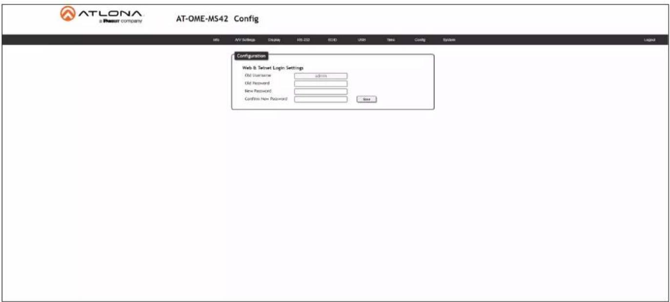 ATLONA a Resour company AT-OME-MS42 Config Configuration Web & Telnet Login Settings Old Username admin Old Password New Password Confins New Password Use