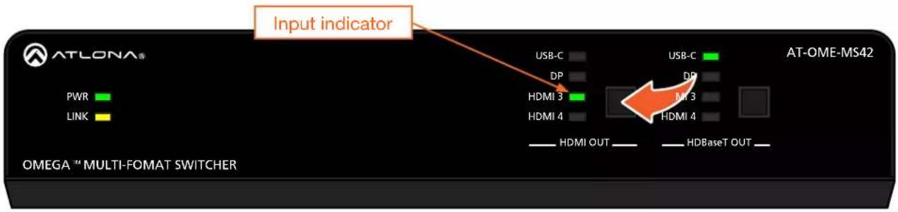 ATLONA® PWR LINK Input indicator USB-C DP HDMI 3 HDMI 4 USB-C DP MI 3 HDMI 4 AT-OME-MS42 HDMI OUT HDBaseT OUT OMEGA™ MULTI-FOMAT SWITCHER