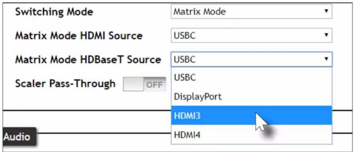 Switching Mode Matrix Mode Matrix Mode HDMI Source USBC Matrix Mode HDBaseT Source USBC Scaler Pass-Through OFF USBC DisplayPort HDMI3 HDMI4 Audio