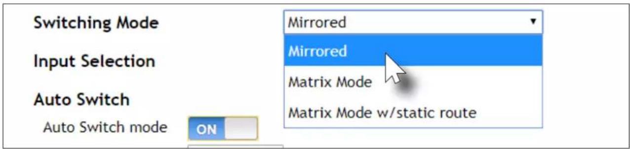Switching Mode Input Selection Auto Switch Auto Switch mode ON Mirrored Mirrored Matrix Mode Matrix Mode w/static route