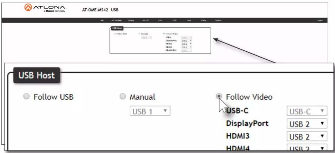 ATLONA a Present company AT-OME-MS42 USB USB AV Settings Display USB 100 SSD USB Time Config System USB Host Follow USB Manual Follow Video USB C DisplayPort USB C HDMI3 USB 2 HDMI4 USB 2 HDMI5 (RX) USB 3 USB Host Follow USB Manual Follow Video USB 1 USB-C USB-C DisplayPort HDMI3 HDMI4 USB-C USB 2 USB 2 USB 2
