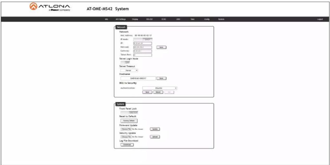ATLONA a Result company AT-OME-MS42 System Info AV Settings Display RS-202 EUD USD Time Config System Network Network MAC Address: 08-98 80-83-G2-17 IP mode: DHCP IP: 51.26.46.199 Network: 08-98-2013 Gateway: 51.26.46.199 Telnet Port: 0 Telnet Login Mode Telnet Timeout: Never Hostname: DMEM542-000217 B02.1x Security Authentication: Disable Save Cancel System Front Panel Lock USB/DCM Reset to Default Fixing Default Firmware Update Choose File No Be Chaser Update Velocity Update Choose File No Be Chaser Reset Log File Download Download