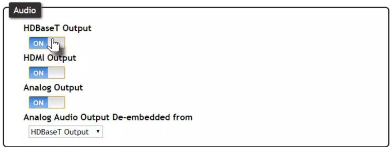 Audio HDBaseT Output ON HDMI Output ON Analog Output ON Analog Audio Output De-embedded from HDBaseT Output