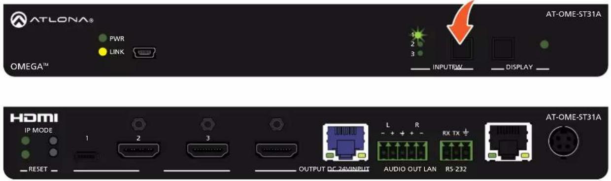 ATLONA® PWR LINK OMEGA™ 1 2 3 INPUTW DISPLAY AT-OME-ST31A HDMI IP MODE 1 2 3 OUTPUT DC 24VINPUT AUDIO OUT LAN RS-232 AT-OME-ST31A RESET