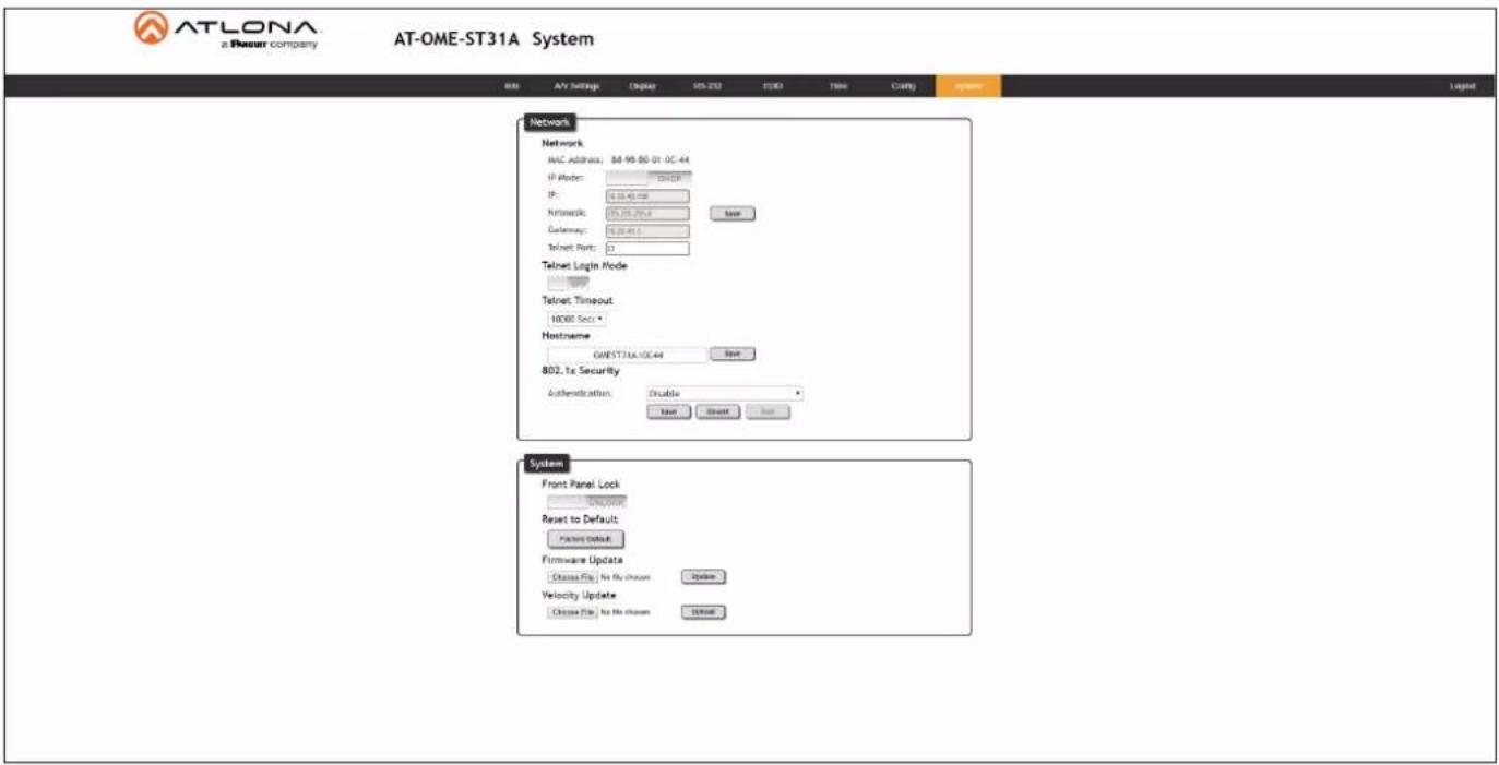 ATLONA a Power company AT-OME-ST31A System File AV Settings Display MS-230 ESC Date Ctrl Network Network MAC Address: 88 95 80 01 0C-44 IP Mode: CS/CP IP: 6.33.43.000 Network: 88.278.2914 New Gateway: 6.33.43.1 Telnet Port: 0 Telnet Login Mode Telnet Timeout: H008 Secs Hostname OWEST31A-DC-44 New B02, 1x Security Authentication: Double New Insert New System Front Panel Lock WELCOME Reset to Default Package Default Firmware Update Choose File > No file chosen Option Velocity Update Choose File > No file chosen Select