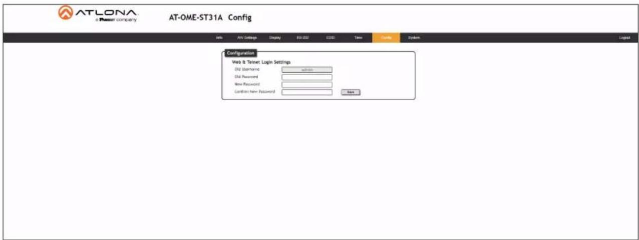ATLONA a Power company AT-OME-ST31A Config Info AV Settings Display RW-250 CSD Tree Combs System Logus Configuration Web & Tatnet Login Settings DNS Username admin DNS Password New Password Connection New Password Save