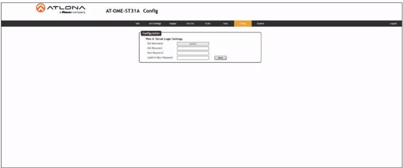 ATLONA a PetSmart company AT-OME-ST31A Config Web AV Settings Display RS-732 FORD Time CNTS System Layout Configuration Web & Telnet Login Settings Old Username: admin Old Password: New Password: Confirm New Password: New