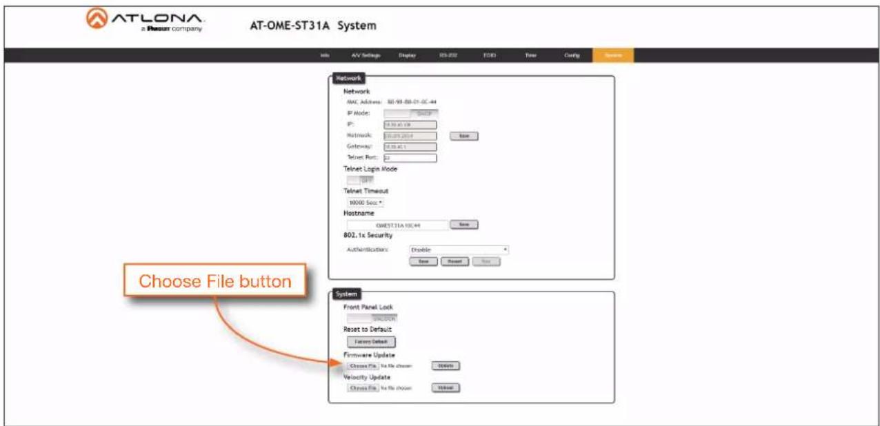 ATLONA a Resour company AT-OME-ST31A System Info AV Settings Display RS-202 FSD Timer Ctrl Network Network MAC Address: 80.93.80.01.0C-44 IP Node: IP: 0.50 A1.19 Network: 00.05.2012 New Gateway: 0.50 A1.1 Telnet Port: 0 Telnet Login Mode Telnet Timeout 10000 Secs * Hostname OMEST-11A-10C-44 New 802.1x Security Authentications: Enable New New System Front Panel Lock ONDCORI Reset to Default Factory Default Firmware Update Close File for file chosen Initialize Velocity Update Close File for file chosen Initialize
