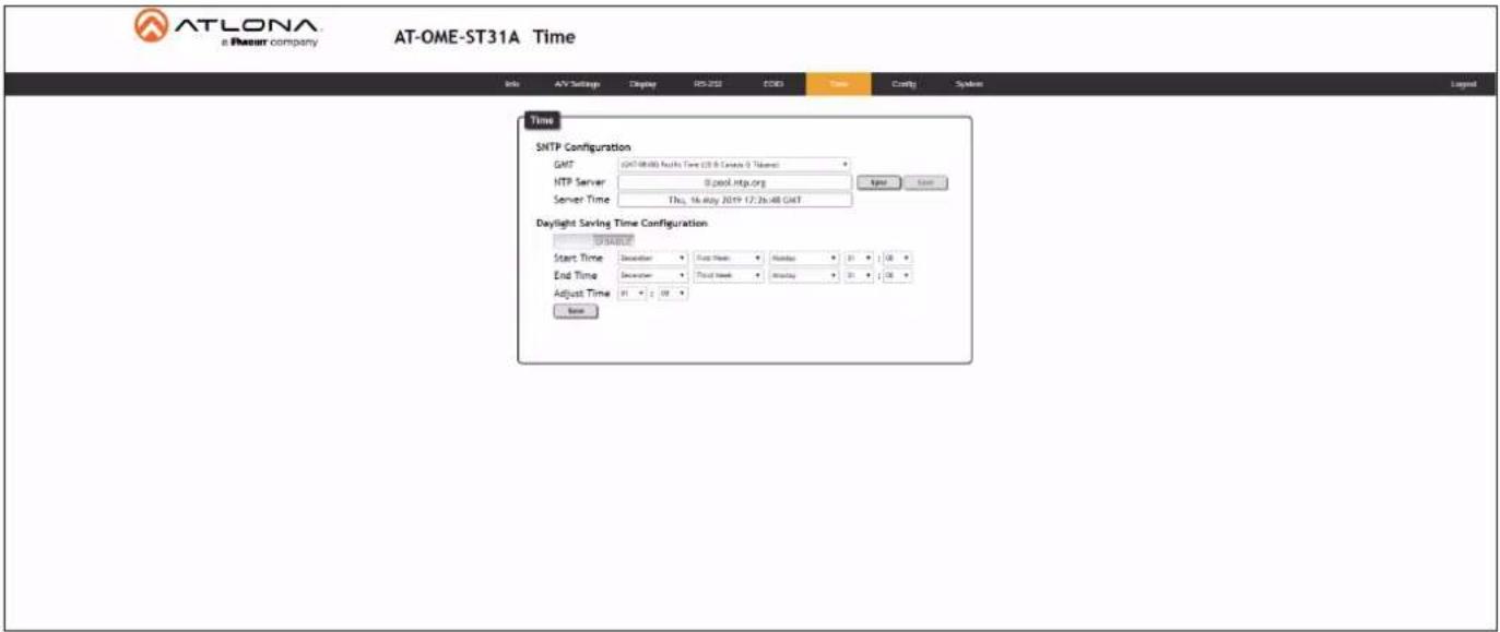 ATLONA a Pheaser company AT-OME-ST31A Time Info AV Settings Display RS-202 COM Size Coort System Time SNTP Configuration GMT (GNT:86/80) Active Time (GB/T Canada 0 Toronto) HTTP Server 0 pool mtg.org Server Time Thu, 16 July 2019 12:26:48 GMT Daylight Saving Time Configuration Start Time Deceler First Wave Number 31 100 End Time Deceler First Wave Number 31 100 Adjust Time 01 ± 09 Base
