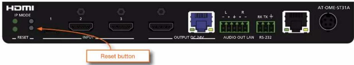 HDMI IP MODE 1 2 3 OUTPUT DC 24V L R RX TX RS-232 AT-OME-ST31A RESET button