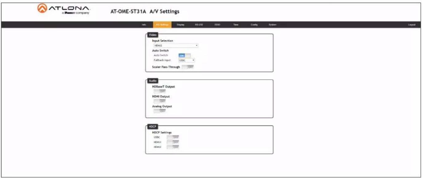 ATLONA a Resun company AT-OME-ST31A A/V Settings Info AV Settings Displays RS 250 STSD Time Code System Video Input Selection HDx2 Auto Switch Auto Switch Fallback Input USBC Scaler Pass-Through Audio HDBaseT Output HDMI Output Analog Output HDCF HDCP Settings USBC HDx1 HDX2