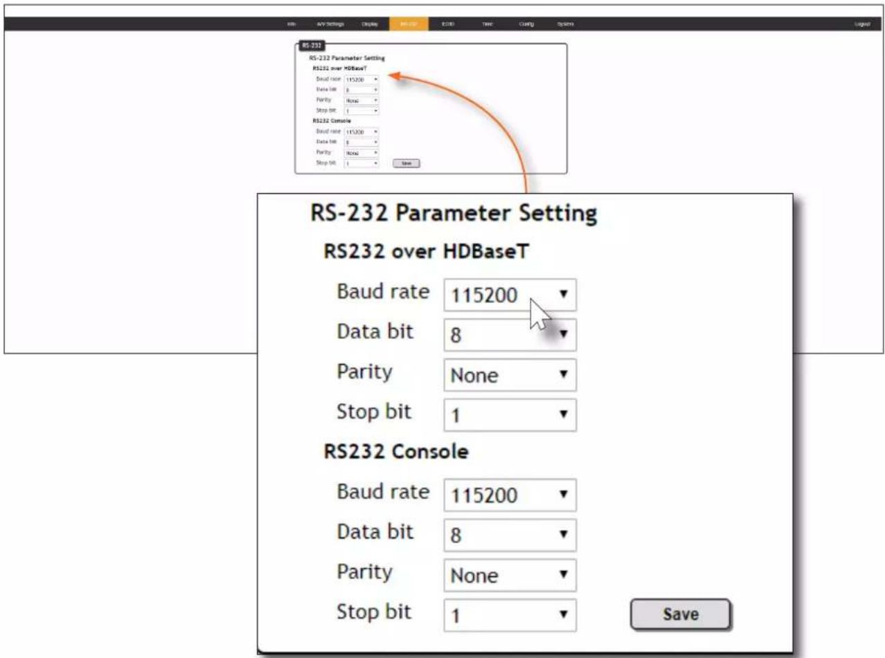 RS-232 Parameter Setting RS232 over HDBaseT Baud rate 115200 Data bit 8 Parity None Stop bit 1 RS232 Console Baud rate 115200 Data bit 8 Parity None Stop bit 1 New RS-232 Parameter Setting RS232 over HDBaseT Baud rate 115200 Data bit 8 Parity None Stop bit 1 RS232 Console Baud rate 115200 Data bit 8 Parity None Stop bit 1 Save