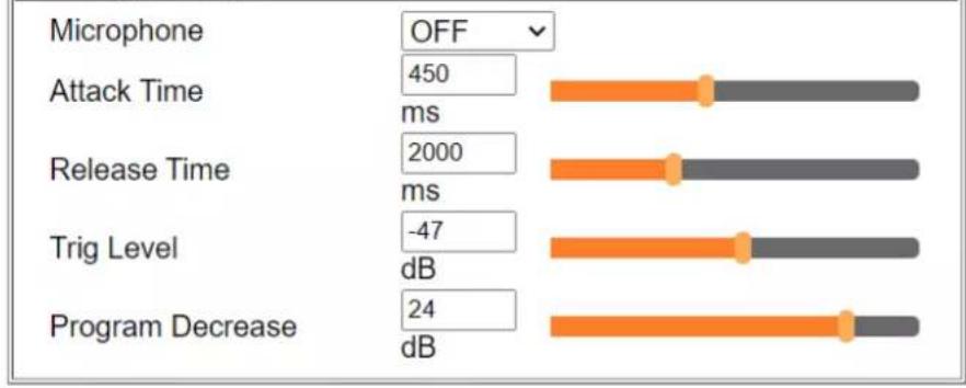 Microphone OFF Attack Time 450 ms Release Time 2000 ms Trig Level -47 dB Program Decrease 24 dB