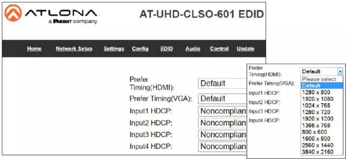 ATLONA a PAYOUT company AT-UHD-CLSO-601 EDID Home Network Setup Settings Config EDID Audio Control Update Prefer Timing(HDMI): Default Prefer Timing(VGA): Default Input1 HDCP: Noncompliant Input2 HDCP: Noncompliant Input3 HDCP: Noncompliant Input4 HDCP: Noncompliant Prefer Timing(HDMI): Default Prefer Timing(VGA): Input1 HDCP: 1280 x 800 Input2 HDCP: 1920 x 1080 Input3 HDCP: 1024 x 768 Input4 HDCP: 1280 x 720 1366 x 768 800 x 600 1600 x 900 2560 x 1440 3840 x 2160 Please select Default
