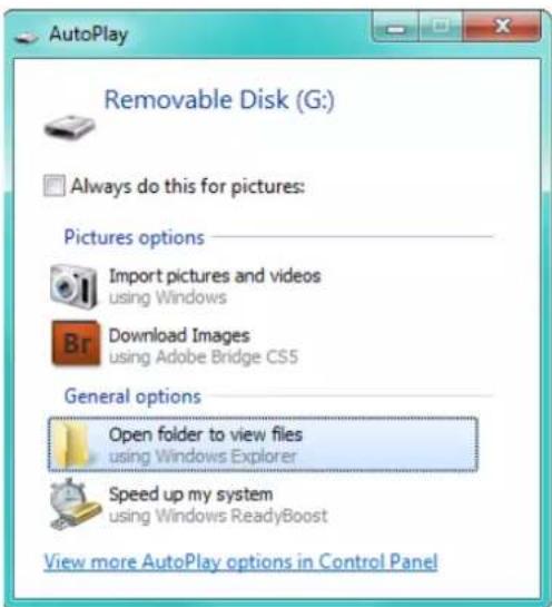 Removable Disk (G:) Always do this for pictures: Pictures options Import pictures and videos using Windows Download Images using Adobe Bridge CSS General options Open folder to view files using Windows Explorer Speed up my system using Windows ReadyBoost View more AutoPlay options in Control Panel