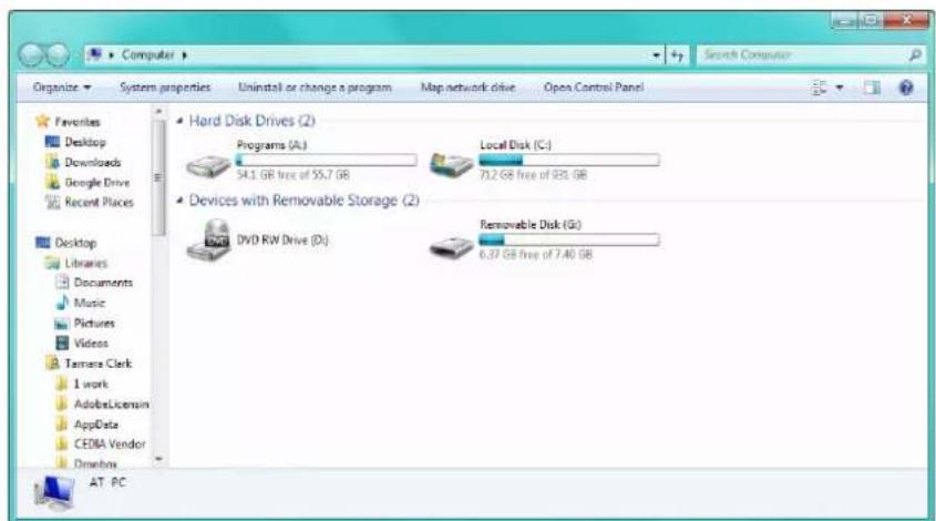 Computer Organize System properties Uninstall or change a program Map network drive Open Control Panel Favorites Desktop Downloads Google Drive Recent Places Desktop Libraries Documents Music Pictures Videos Taqmare Clark 1 work Adobe Licensing AppData CEDMA Vendor Drodbos AT PC Hard Disk Drives (2) Programs (A:) 34.1 GB free of 55.7 GB Local Disk (C:) 71.2 GB free of 935 GB Devices with Removable Storage (2) DVD RW Drive (D:) Removable Disk (G:) 6.37 GB free of 7.40 GB