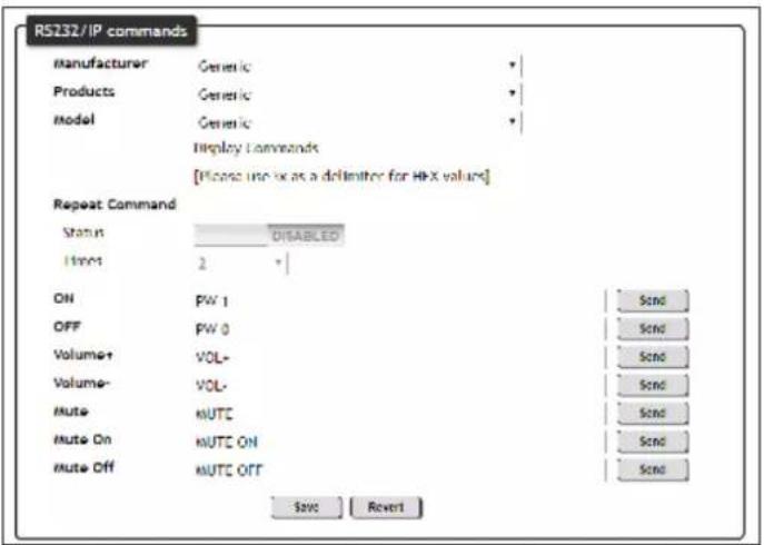 RS232/IP commands Manufacturer Genetic Products Generic Model Generic Display Commanders [More: use ix as a delimiter for HFX values] Repeat Command Status DISABLED From 2 ON PW-1 OFF PW-0 Volume+ VOL- Volume- VOL- Mute MUTC Mute On MUTC ON Mute Off MUTC OFF Send Send Send Send Send Send Send Sew Revert