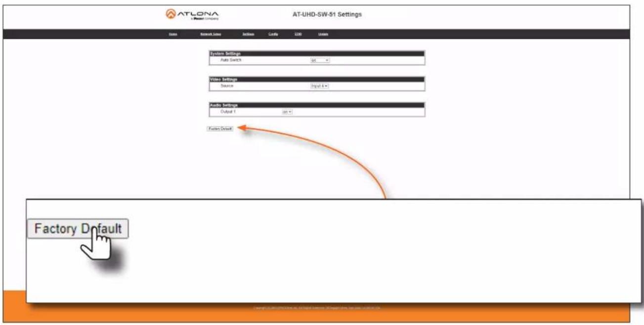ATLONA & Procat Company AT-UHD-SW-51 Settings State Network Series Actions Configure L200 Audio System Settings Auto Switch Go Vendor Settings Source Input # Audio Settings Output 1 in Factory Default Factory Default