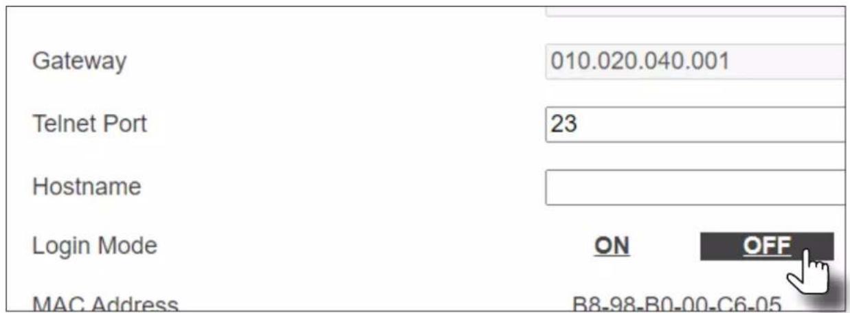 Gateway 010.020.040.001 Telnet Port 23 Hostname Login Mode ON OFF MAC Address B8-98-B0-00-C6-05