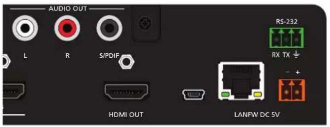 AUDIO OUT L R S/PDIF RS-232 RX TX ÷ - + HDMI OUT LANFW DC 5V