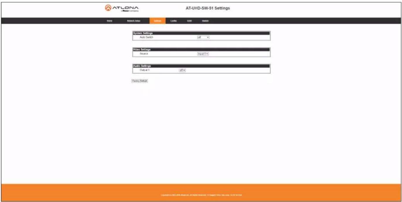 ATLONA Power companies AT-UHD-SW-51 Settings Name Default Name S destinations Coded ADD DRAW System Settings Auto Switch off Video Settings Source Input 1 Audio Settings Output 1 off Factory Default Copyright © 2003.4.28 (File No. 01.00) (Copyright: Wix, Inc., etc.) © 2003.4.28