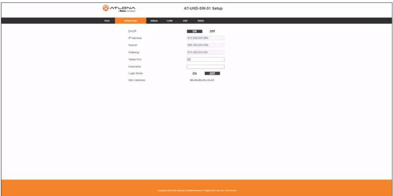 AT-LONA AT-UHD-SW-51 Setup Bank Address name Address Code USD Phone DmCP ON OFF IP Address 010.020.040.064 Sunset 355.256.256.000 Gateway 010.020.040.001 Telnet Port 23 Hostname Login Mode ON OFF MAC Address B8-95-BG-05-C8-06