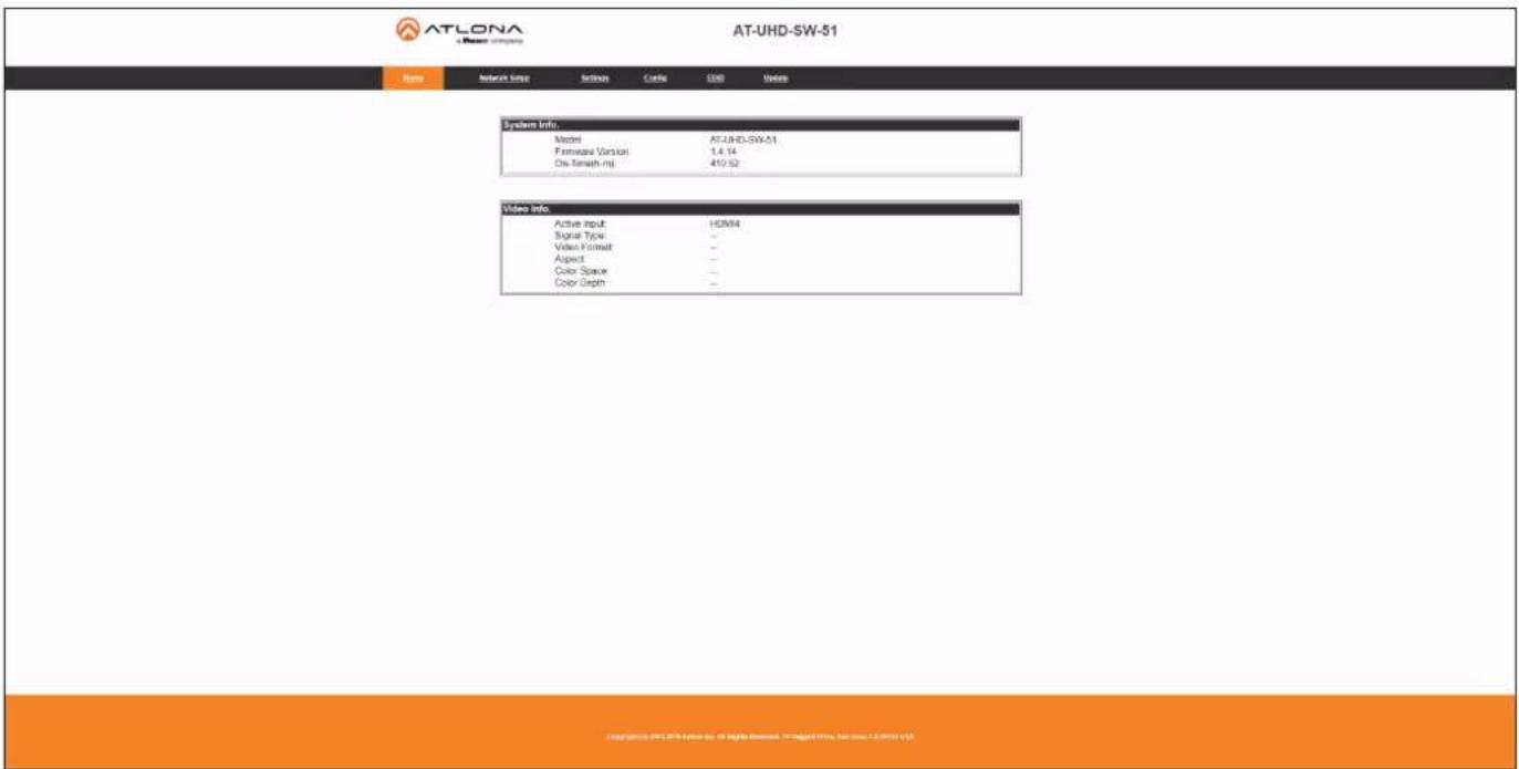 ATLONA AT-UHD-SW-51 Name Internet User Articles Code SSD Values System Info Model AT-UHD-SW-51 Hardware Version 1.4.14 On-Timath.mj 410.52 Video Info Active input HOMA Signal Type - Video Format - Aspect - Color Space - Color Depth -