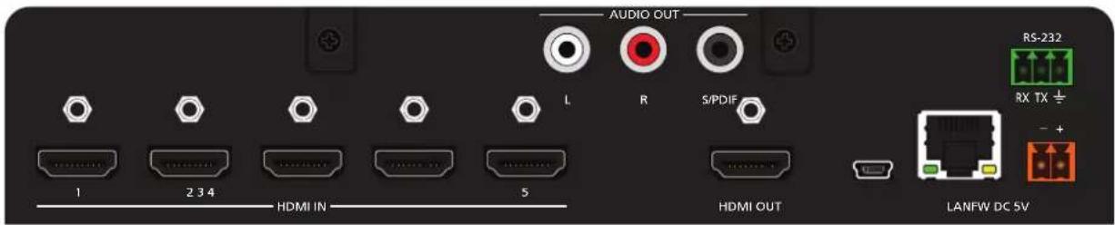 AUDIO OUT L R S/PDIF RS-232 RX TX ½ - + HDMI IN 1 2 3 4 HDMI IN 5 HDMI OUT LANFW DC 5V