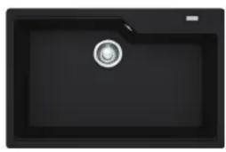 Black kitchen sink with a circular button on top (no text or symbols visible)