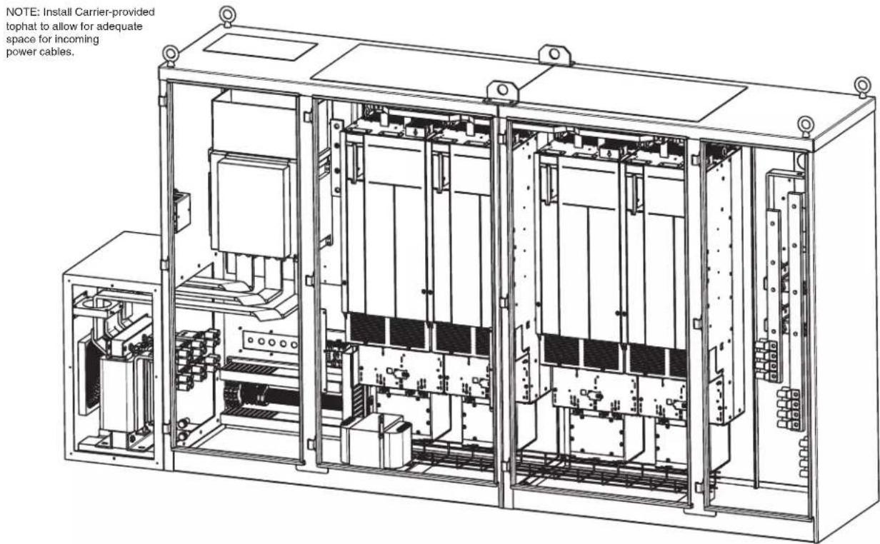 NOTE: Install Carrier-provided tophat to allow for adequate space for incoming power cables.