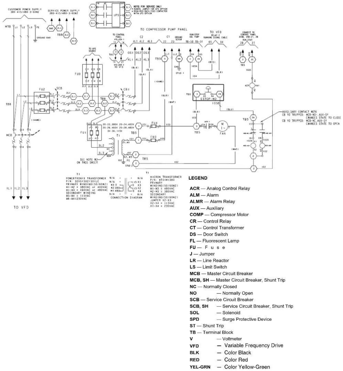 CUSTOMER POWER SUPPLY 380-415/480-3-60HZ SERVICE POWER SUPPLY 380-415/480-3-60HZ NOTE FOR SERVICE ONLY + REDUCT LUMPES FOR UPS OPTION + REQUIRED RACKED CONTRACTOR WITH UPS OPTION TO COMPRESSOR PUMP PANEL C2 C1 GROUND SCTMP RUNSTOP OE PUMP RUNNING SIGNAL CABLE TB-50 TB-51 TO VFD RELAT 2 RUNNING SIGNAL CABLE CONNECT TO CONTROL PANEL 30CB, 39B-27, 28 RUN 33A1 TB5 ACR XK1 TBS 102C AUX1 LARY CONTACT NOTE CB TO TRIPPED: MCB-NO-, AUX-ST* CHANGES STATE TO CLOSE CB TO TRIPPED: MCB-NC, AUX-ST* CHANGES STATE TO OPEN TO VFD POWERTRONIX TRANSFORMER N/A N/A N/A MICRON TRANSFORMER P/N: 32VS15021501LC N/A N/A P/N: HT01M1380 PRIMARY WINDING(50/60HZ) H3.0 X3 Primary H1-H2 = 380VAC or 480VAC H2.380 WINDING(50/60HZ) H1-H3 = 480VAC H2.380 H1.480 H3.480 H2.380 H1.480 H3.480 H2.380 H1.480 H3.480 H2.380 H1.480 H3.480 H2.380 H1.480 H3.480 H2.380 H1.480 H3.480 H2.380 H1.5VAC H3.480 H2.380 H1.5VAC H3.480 H2.380 H1.5VAC H3.480 H2.380 H1.5VAC H3.480 H2.380 H1.5VAC H3.480 H2.380 H1.5VAC H3.480 H2.4VAC H1.5VAC H3.480 H2.4VAC H1.5VAC H3.480 H2.4VAC H1.5VAC H3.480 H2.4VAC H1.5VAC H3.480 H2.4VAC H1.5VAC H3.480 H2.4VAC H1.5VAC H3.5VAC H1.5VAC H3.5VAC H1.5VAC H3.5VAC H1.5VAC H3.5VAC H1.5VAC H3.5VAC H1.5VAC H3.5VAC H1.5VAC H3.5VAC H1.5VAC H3.5VAC H1.5VAC H3.5VAC H2.5VAC TBI TBI TBI TBI TBI TBI TBI TBI TBI TBI TBI TBI TBI TBI TBI TBI TBI TBI TBI TBI TBI TBI TBI TBI TBI TBI TBI TBI TBI TBI TBI TBI TBI TBI TII TII TII TII TII TII TII TII TII TII TII TII TII TII TII TII TII TII TII TII TII TII TII TII TII TII TII TII TII TII TII TII TII TII