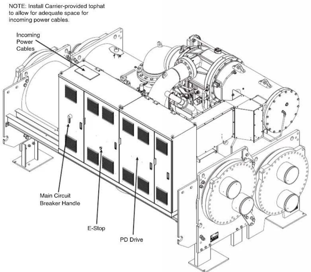 NOTE: Install Carrier-provided tophat to allow for adequate space for incoming power cables. Incoming Power Cables Main Circuit Breaker Handle E-Stop PD Drive