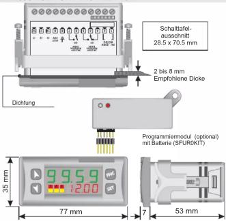 Schalttafel- ausschnitt 28.5 x 70.5 mm 2 bis 8 mm Empfohlene Dicke Dichtung Programmiermodul (optional) mit Battere (SPUROKT) 35 mm 77 mm 1200 53 mm