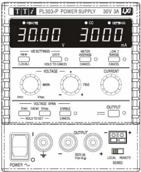 T T i PL303-P POWER SUPPLY 30V 3A LXI ● REMOTE 30.00 V ● CC ● SETTINGS VIEW —— VI SETTINGS —— LOCK —— METER AVERAGE —— LOW 1 RANGE —— (LOCAL) ○ HOLD TO CANCEL ○ CANCEL ○ CANCEL ○ — VOLTAGE —— MAIN —— FINE —— CURRENT Vmin Vmax - + - — VOLTAGE SPAN —— Vmin (VIEW) Vmax ENABLE ○ OUTPUT — HOLD TO SET —— CANCEL ○ = ○ OUTPUT POWER ~ - 300V pk max to + LOCAL REMOTE SENSE