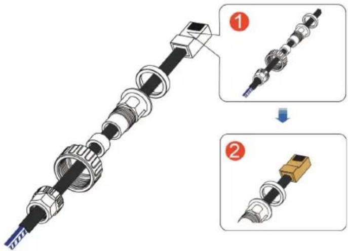 Technical diagram showing assembly steps of a mechanical component with labeled parts and directional arrows