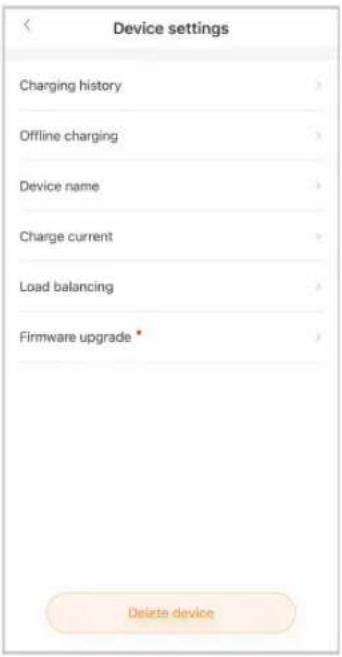 Device settings Charging history > Offline charging > Device name > Charge current > Load balancing > Firmware upgrade * Delete device