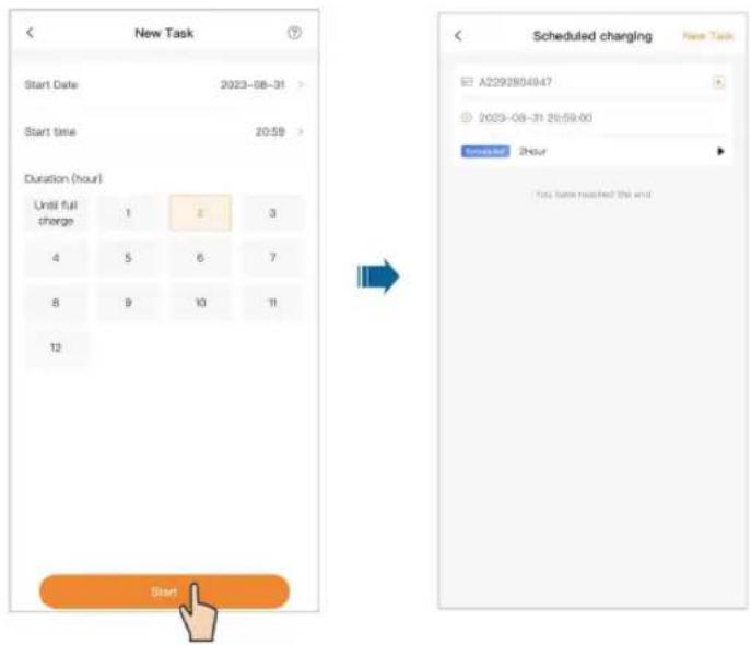 New Task Start Date 2023-08-31 Start time 20:59 Duration (hour) Until full charge 1 2 3 4 5 6 7 8 9 10 11 12 Start Scheduled charging New Task A2292804947 2023-08-31 25:58:00 Current hour 2Hour You have reached the end