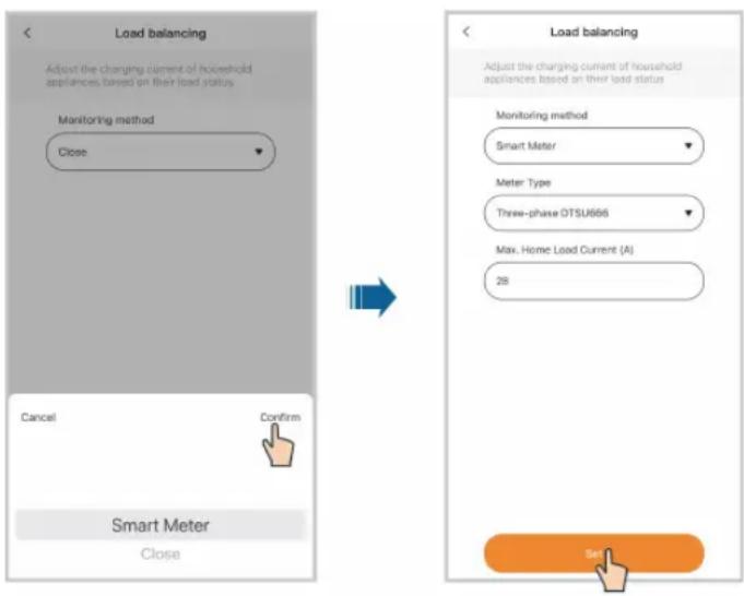Load balancing Adjust the charging current of household appliances based on their load status Monitoring method Close Cancel Confirm Smart Meter Close Load balancing Adjust the charging current of household appliances based on their load status Monitoring method Smart Meter Meter Type Three-phase OTSU666 Max. Home Load Current (AI) 28 Send