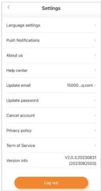 Settings Language settings Push Notifications About us Help center Update email 15000...q.com Update password Cancel account Privacy policy Term of Service Version info V2.0.3.20230831 (2023082503) Log out